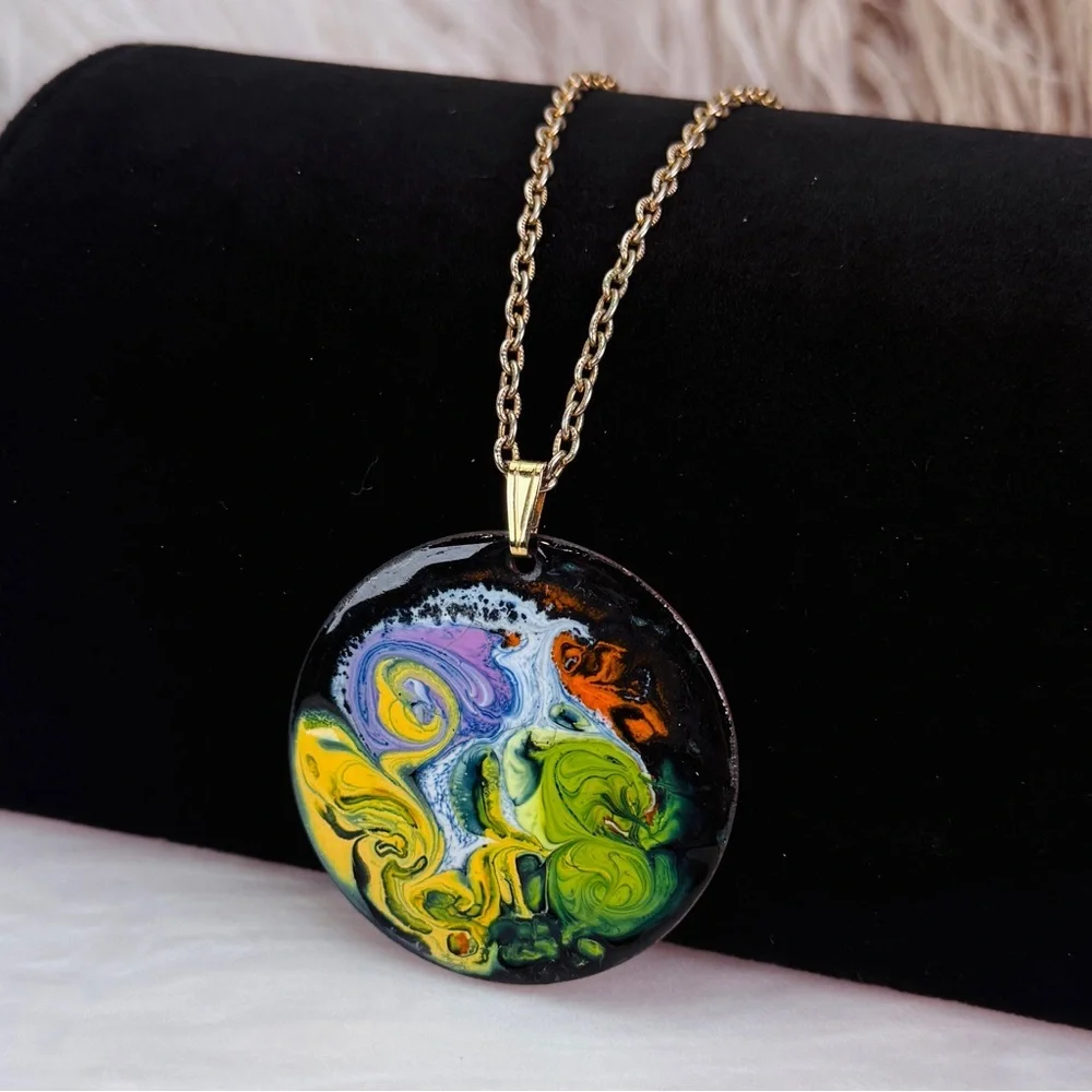 Vintage Abstract Art Pendant Necklace Long Silvertone Chain Statement